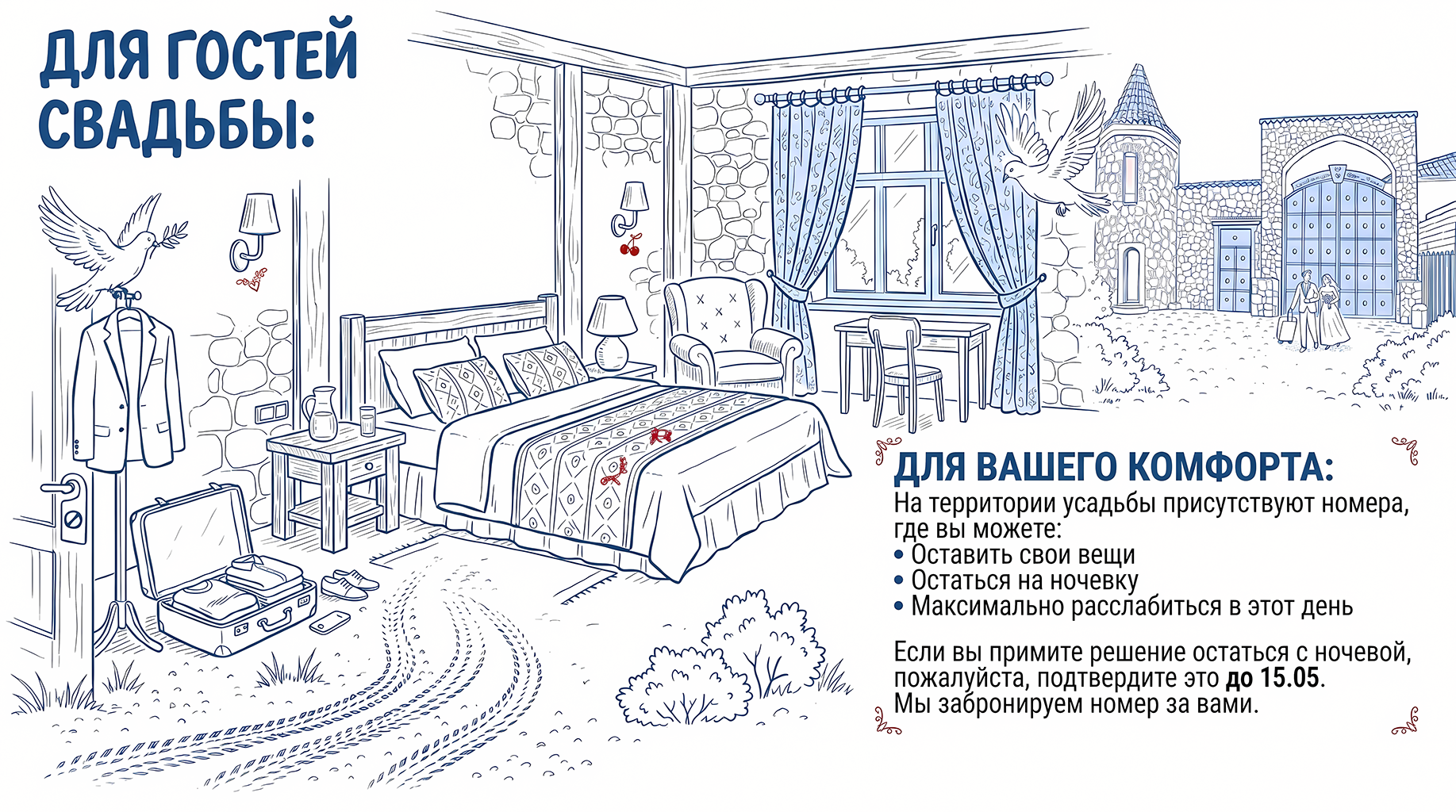 Для гостей свадьбы: на территории усадьбы есть номера, где можно оставить вещи, остаться на ночёвку и максимально расслабиться в день свадьбы